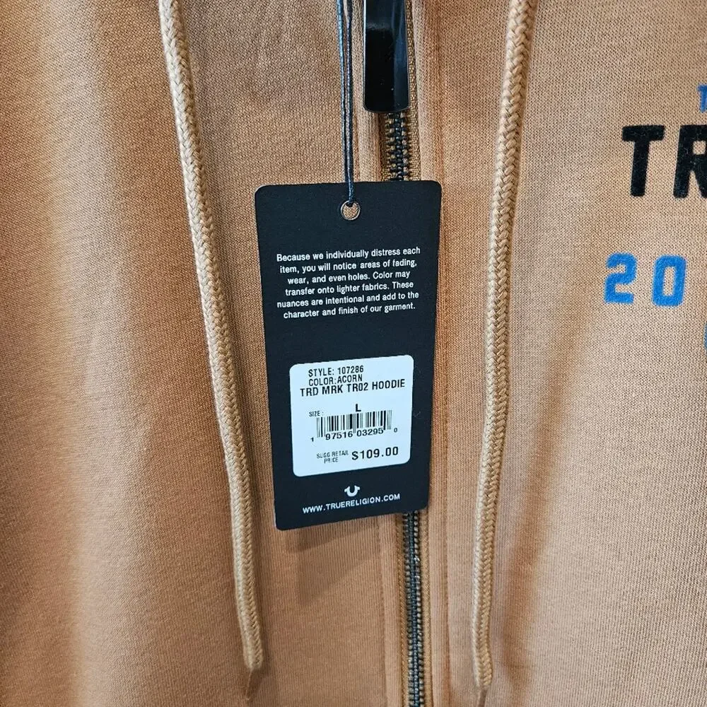 True Religion TRD MRK Logo Zip Up Sweatshirt Hoodie Acorn Size Large